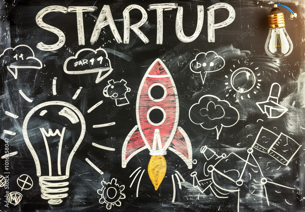 Poster chalkboard with a rocket on it and the word 