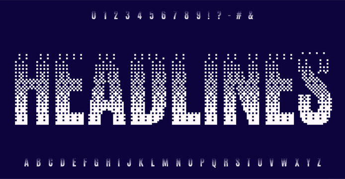 Pixelated fade alphabet, glitchy halftone letters, Y2K typography for EDM party flyers, club posters, Dj logos, 90s arcade game headlines, vibrant digital banners. Vector font