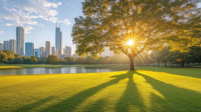 El sol brilla a trav&eacute;s de las ramas de un gran &aacute;rbol en un parque urbano, proyectando largas sombras sobre el c&eacute;sped en una tarde soleada. Los edificios de la ciudad se ven al fondo.

