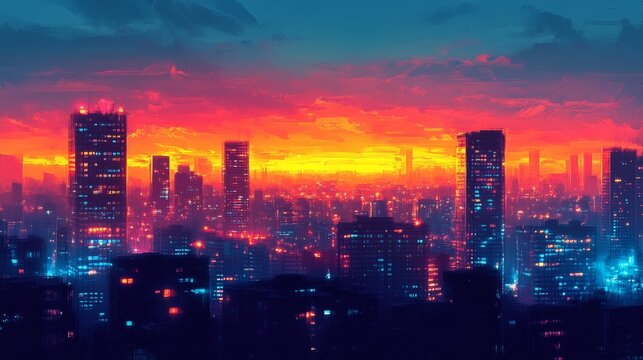 Una ciudad futurista iluminada por las luces de los edificios y el resplandor vibrante de un atardecer en tonos de naranja y p&uacute;rpura. El horizonte lleno de rascacielos crea un ambiente urbano y en&eacute;rgi