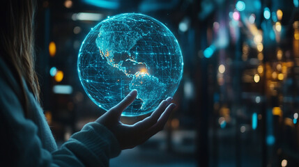 woman holds a glowing digital globe, symbolizing global connectivity, technological advancements, and the power of networks. The image represents innovation, the internet, and worldwide communication