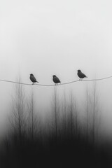 Tres pájaros se posan en un cable sobre un paisaje boscoso cubierto de niebla. La escena minimalista transmite una sensación de tranquilidad y misterio en un ambiente oscuro y melancólico.

