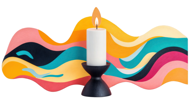 Colorful wave-shaped candle holder with lit candle isolated on transparent background, Kwanzaa decor

