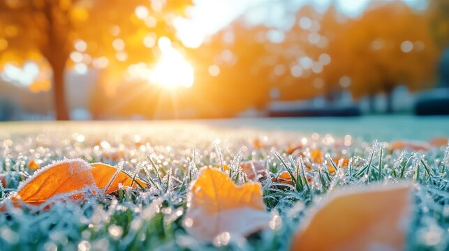 Hojas oto&ntilde;ales cubiertas de escarcha sobre la hierba al amanecer. La luz c&aacute;lida del sol se filtra entre los &aacute;rboles, creando un ambiente sereno y brillante que resalta la transici&oacute;n de las estaciones.