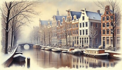 Fototapeta premium Winter in Amsterdam. Watercolor painting of Amsterdam canals and typical houses. Cityscape with houses on riverbank. Landmark of Netherlands. 