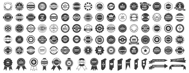 Big set of black premium quality badges. Premium quality, guaranteed, certified sticker tag collection
