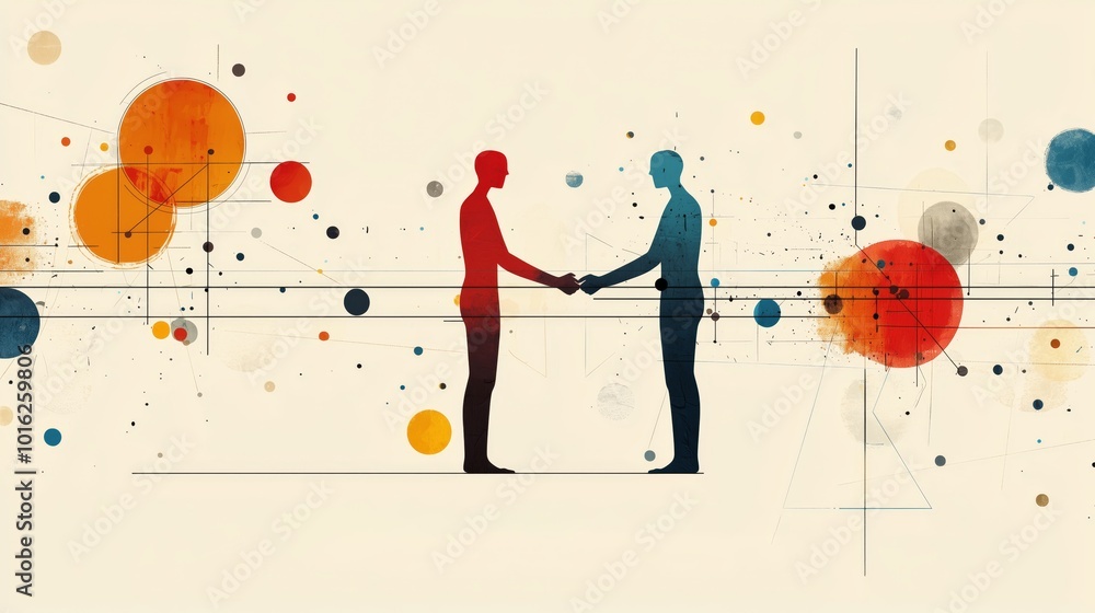 Poster minimal abstract figures shaking hands in colorful design