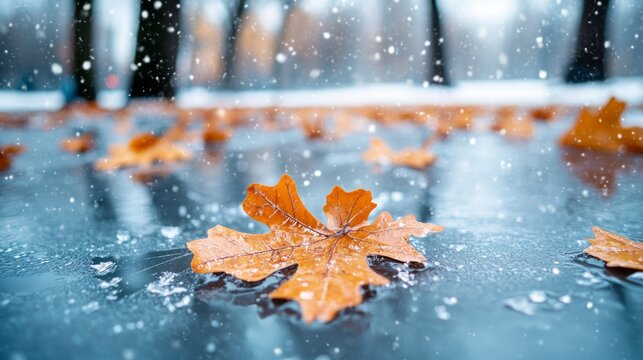Una hoja de arce naranja yace sobre una superficie helada, mientras la nieve cae suavemente a su alrededor. El fondo est&aacute; ligeramente desenfocado, mostrando &aacute;rboles en una atm&oacute;sfera invernal.
