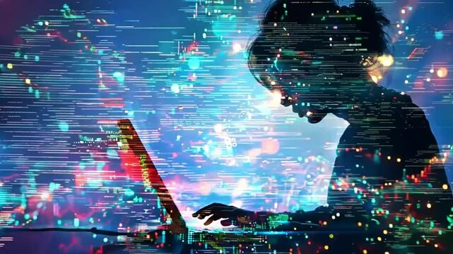 A woman using a laptop is enveloped by a dynamic, futuristic technology backdrop that creates a sense of motion.