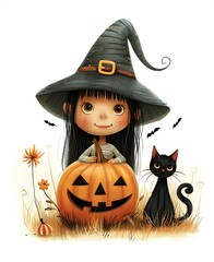 Fototapeta premium Happy Halloween clipart featuring a witch with a black cat and pumpkins, perfect for festive decorations, playful designs, and magical holiday themes.