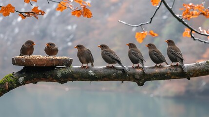 Un grupo de pájaros se posa en una rama, disfrutando de comida mientras las hojas naranjas de otoño caen suavemente. El fondo suave y el ambiente natural crean una escena tranquila.