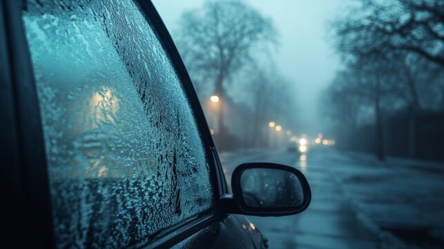 Una escena de una calle lluviosa vista desde la ventana de un coche, con luces tenues y ambiente misterioso. La lluvia y la neblina envuelven la ciudad en una atm&oacute;sfera tranquila y reflexiva.