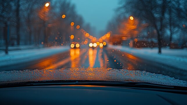 Una vista desde el interior de un coche hacia una calle nevada, con luces c&aacute;lidas que iluminan el camino. Las gotas de lluvia en el parabrisas a&ntilde;aden textura a la imagen nocturna.