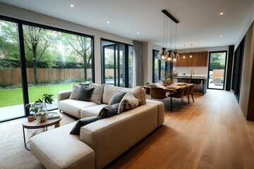 Modern open-plan living and dining area with large windows overlooking a garden. Features a comfortable beige sofa, stylish dining table, and contemporary kitchen.