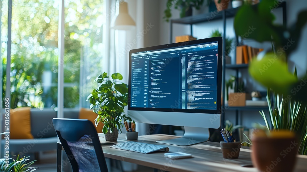 Poster modern remote workspace with computer and plants