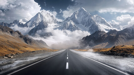 Naklejka premium A long, straight road stretches towards towering snow-capped mountains, surrounded by rugged landscapes and drifting clouds, perfect for seekers of adventure.