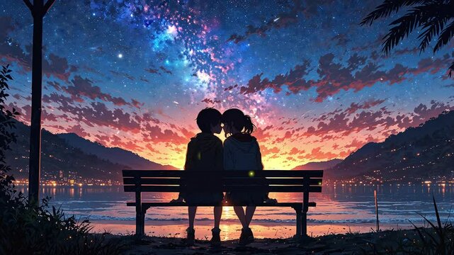 
A couple watches the evening sky with a beautiful animated backdrop of twinkling stars and a meteor shower. and firefly light, Seamless loop, Lofi animation
