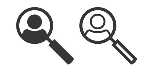 Research personal character icon vector, search find user person via magnifying glass simple symbol graphic pictogram set, employee account expertise, customer man quality investigation image

