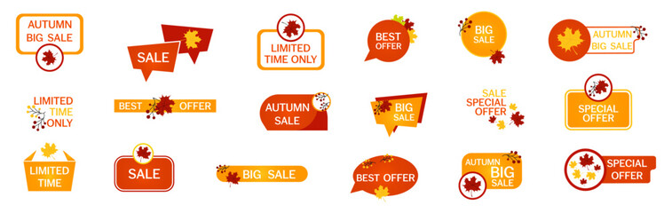 Autumn sale promotion badges. Sale, discount, special offer, best price autumn sticker tag collection