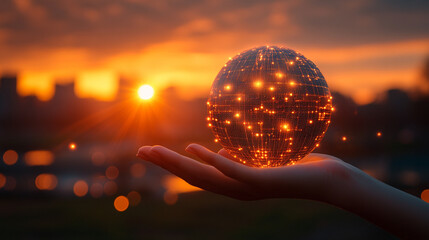 businesswoman’s hand gently holds a glowing globe representing a global network. The sphere symbolizes worldwide connectivity, innovation, and technology in a fast-evolving, interconnected digital wor