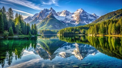 Obraz premium Majestic alpine lake reflecting snowcapped mountains and pristine forests