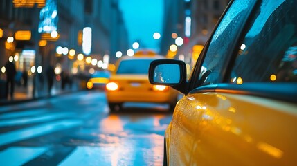 Busy city street at dusk showcasing yellow taxis and vibrant lights under a rain-soaked atmosphere