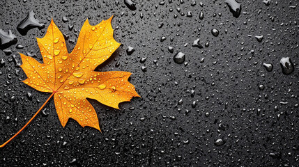 One yellow maple leaf, covered in raindrops, rests on a sleek black surface, highlighting nature's detail and the quiet beauty of a rainy autumn day.