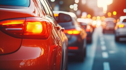 Traffic jam during sunset with illuminated brake lights in a busy urban area