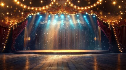 Colorful 3D Circus Background with a Podium and Lights, Evoking a Fairytale Atmosphere for a Competition, Theater or Opera Display