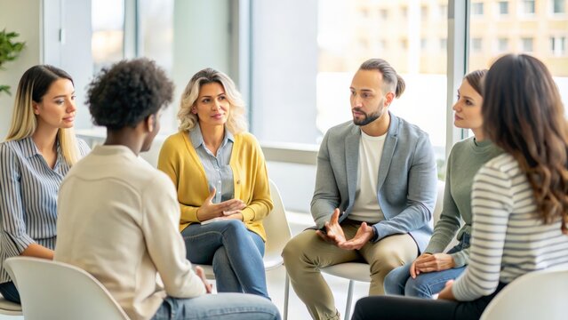 Diversity, mental health and group therapy counseling support meeting, healthy conversation and wellness. Psychology counselor, psychologist help people and talk about anxiety, depression or stress 