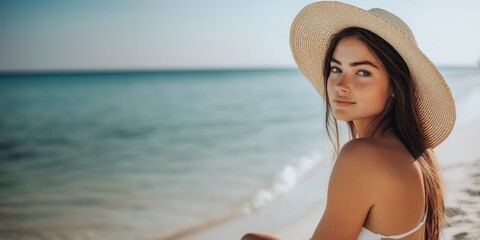 Portrait of a Serene beach scene featuring a young woman in a stylish straw hat enjoying sun and waves