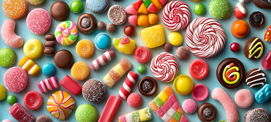 Fototapeta premium Colorful assortment of festive sweets and candies. Dessert background