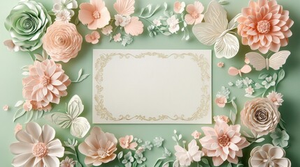 A decorative arrangement of paper flowers and butterflies framing a blank card.
