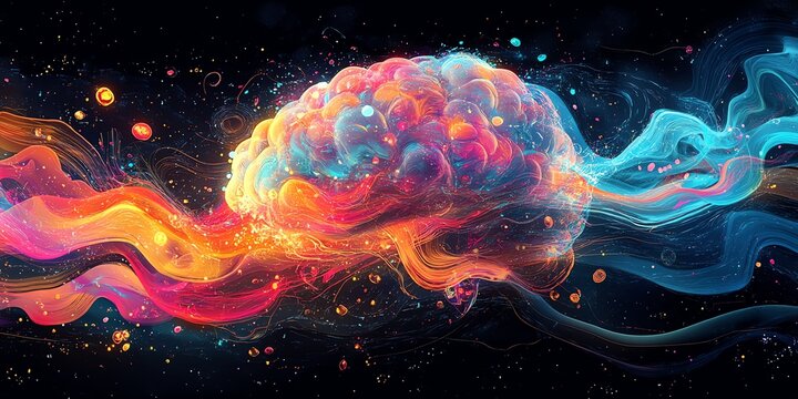 Abstract brain with colorful, flowing waves and sparkles.
