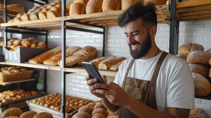 Young hispanic baker smiles while using smartphone in bakery shop. He wears white apron, brown hat, and has a beard. Counter has bread, pastry, and rolls. Bakery interior with shelves of baked goods.