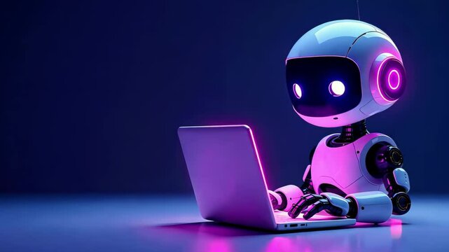 Cute friendly artificial intelligence robot using laptop computer with white and blue neon glow light, chatbot and AI assistant concept futuristic technology. 