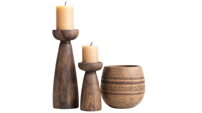 Rustic wooden candle holders and decorative vase with tribal patterns isolated on transparent background

