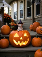 Adorable Chihuahua Sitting in a Carved Halloween Pumpkin