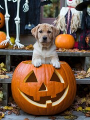 Festive Labrador Puppy Enjoying Halloween in a Jack-o-Lantern