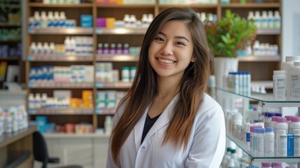 Young woman pharmacist smiles behind pharmacy counter with health products. White lab coat, pro uniform. Shelves stocked with bottles, containers, creating organized space for health care.