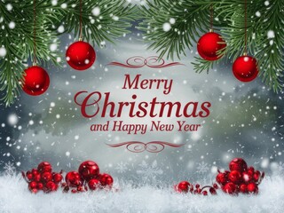 Festive Christmas and New Year Greeting, Banner, Copy Space with Pine Branches and Baubles