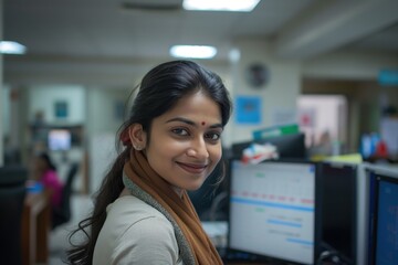 Young Indian woman with dark hair in office setting. She wears red headband and beige scarf. Standing in front of computer monitor displaying calendar. Background desk with computer and keyboard.