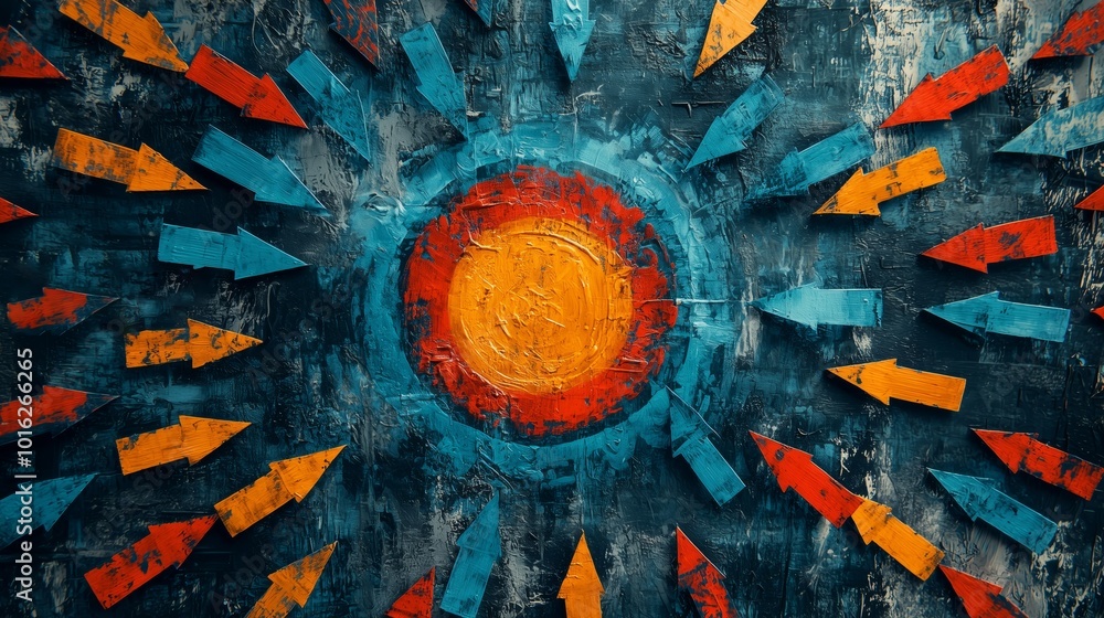 Poster circular pattern of converging arrows in bold colors
