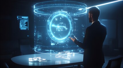 Businessman Interacting with Futuristic Holographic Interface in Dark Room