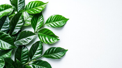 Obraz premium Vibrant green leaves artistically arranged on a pure white background, creating a striking contrast that highlights the vividness and natural beauty of the foliage.
