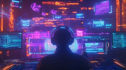 Person Engaging with Multiple Holographic Screens in a Futuristic Digital Environment