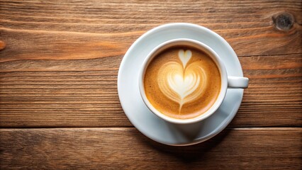 Heart shaped coffee in cup with saucer from above aerial view