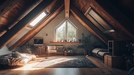 Attic room interior, exposed wooden beams, slanted ceiling, cozy skylights, minimalist furniture, warm natural lighting, rustic wooden floors