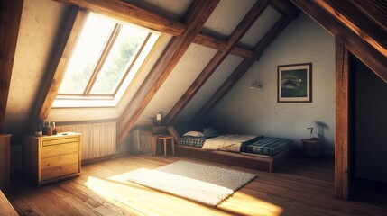 Attic room interior, exposed wooden beams, slanted ceiling, cozy skylights, minimalist furniture, warm natural lighting, rustic wooden floors