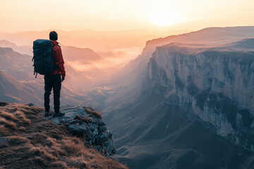 Fototapeta premium Hiker on Mountain Peak with Sunrise View